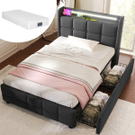 &Uuml;heinimesevoodi LED-valgusti, USB-valgusti ja kahe sahtliga, puidust liistudega 90x200cm, madrats 1 tk