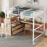 Hochbett 140x200 cm, metall, sahtlid, L-kujuline laud, laminaat, madratsita, valge