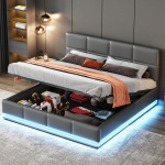 Polsterdatud voodi 160x200 cm, LED, metallraam, sahtlid, reguleeritav peatsiplaat, hall