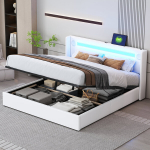 Polsterdatud voodi 160x200, LED-riba, Bluetooth, USB, kunstnahk, sahtlid, kaheinimesevoodi, valge