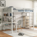 Hochbett 140x200 cm, metall, riiulid, sahtlid, riidekapp, laud, valge