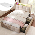 Pehme voodi 90x200 cm LED-valgustiga, USB-ga ja 2 sahtliga, beež, madratsiga 1 tk