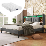 Polsterdatud voodi 160x200 cm LED-valgusti, USB-valgusti, puitraam, latten, hall, madratsiga