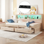 P&auml;evavoodi 90x200 cm, LED-valgustusega, 2 sahtliga, USB-ga, ilma madratsita, puitlaastplaat, naturaalne