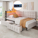 Pehme diivanvoodi 90x200 cm 2 sahtliga LED USB Type-C beež 1 tk