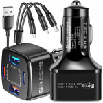 Autolaadija 4in1 USB-C kaabliga iOS USB QC, Automobilinis įkroviklis 4in1 su kabeliu USB-C iOS USB QC