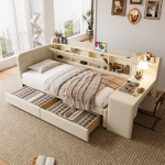 P&auml;evavoodi 90x200 cm, sahtlitega voodi, laud, USB ja Type-C, panipaigad, linane, liivakarva