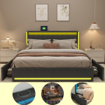 Kaheinimesevoodi 180x200 LED- ja USB-valgustiga, kahekohaline voodi 4 sahtliga, kergesti kokkupandav sahtlitega voodi, polsterdatud voodi, linane, tumehall