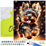 Maalid numbrite j&auml;rgi kuldse l&auml;ikiva v&auml;rviga MUSTAL L&Otilde;UENDIL Raamil Oh Art!, Loomad "&Otilde;nnelik v&auml;ike koer" 40x50 cm