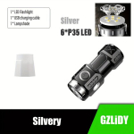 Gzlidy &uuml;livalgus USB laetav LED taskulamp - kaasaskantav mini taskulamp 6 režiimiga, k&uuml;lgvalgus ja magnetiline saba matkamiseks, kalastamiseks ja sisekasutuseks., Sidabrinis
