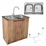 K&ouml;&ouml;gikapp kuldne tamm 2-kambriline valamu k&otilde;rge kroomitud segisti sifoon 80cm