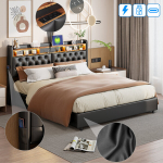 Voodi 180 x 200 cm, USB laadimispordiga, LED-valgustusega, reguleeritava raamiga, must, PU