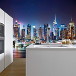 Seinapilt Manhattan Skyline &Ouml;&ouml; Must 8 osa 366x254 cm &mdash; elutoa seinakaunistus, suureformaatiline tapeet, loft sisekujundus, m&otilde;&otilde;tudega fototapeet, kaasaegne linnatapeet, mitmeosaline seinakaunistus, magamistoa tapeet