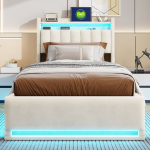 &Uuml;heinimesevoodi, 90&times;200CM, LED-valgusti ja USB-pordiga, h&uuml;draulilise hoiustamisfunktsiooniga, madrats komplektis, beež, sametmaterjal.