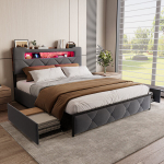 Voodi, 140 &times; 200 cm, LED-valgustuse ja USB-laadimisega, 4 sahtliga, madrats komplektis, sametpolster, hall.