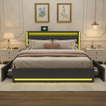 180 x 200 cm pehme kaheinimesevoodi, linane voodiraam LED-valgustuse ja 4 sahtliga, samet, madrats ei kuulu komplekti