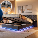 Kaheinimesevoodi-160 x 200 cm, LED-valgusti ja USB/Type-C-pordiga, panipaigaga, hall, linasest kangast.