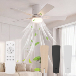 Laeventilaator LED-valgustusega, 5 labaga sooja ja k&uuml;lma &otilde;hu režiimis, 6 kiirust, 1/4/8 taimeriga, 30 W vaikne, 106 cm, valge