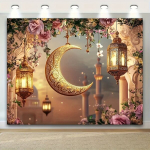 Eid Mubarak pol&uuml;esterist taust, islami kuud ja laternad Pickify, 150*130cm