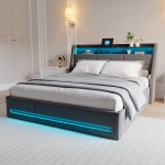 Voodi 160 x 200 cm, kaheinimesevoodi LED-valgustusega, USB-port, panipaigaga peatsiplaat, t&otilde;stetav voodip&otilde;hi, linahall