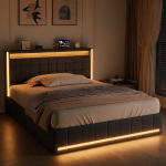 Kaheinimesevoodi, 180 x 200 cm, voodiraam LED ja USB-ga, 4 sahtli ja sektsiooniga peatsiga, must