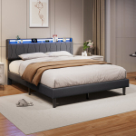 Polsterdatud kaheinimesevoodi 160x200cm LED ja USB, liistudega, lihtne kokku panna, linane, hall