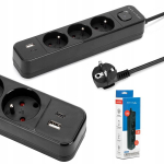 Pikenduskaabel 3 pistikupesaga, 2 Usb-a+c, 3m, must, 2300w