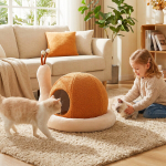 Kassi pesa konnakujuline 56x48x39 cm pruun valge pehme kangas