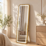 Ristk&uuml;likukujuline t&auml;ispikk LED-peegel, 150 x 40 cm &ndash; kuldse v&auml;rvi alumiiniumsulamist raam &ndash; alusega