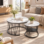 Modernne &uuml;mmargune diivanilaud 45/70 cm, 2-osaline komplekt, metallraam, MDF, valge