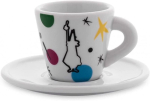 Bialetti 4 valge portselanist koonilise espresso tassi ja alustassi komplekt, mahutavus 60 ml, Mir&ograve; Kandisky Haring Matisse kunstikaunistused