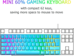 Felicon Mini 60% Rgb m&auml;nguriklaviatuur, mehaanilised red l&uuml;litid kompaktse 62 klahviga, 18 Rgb Led chroma taustavalgustus, eemaldatav usb type c kaabel, uk paigutus, ergonoomiline pc, mac, s&uuml;learvutile, sinine