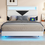 Voodi 160&times;200 cm, LED-valguse ja USB-laadimispordiga, beež + must, samet