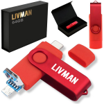 LIVMAN U-26 - 64GB kaasaskantav m&auml;lupulk Type-C, Micro USB ja USB-ga Androidi nutitelefonide, tahvelarvutite, arvutite ja igasuguste USB-toega seadmete jaoks