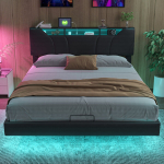 Voodi 160&times;200 cm, LED-valgustid, h&uuml;drauliline t&otilde;stes&uuml;steem, reguleeritav peatsiplaat, must, PU