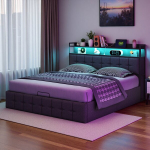 Voodi 140 x 200 cm, LED-valgusti ja USB-ga, hall