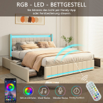 Polsterdatud voodi, 140x200 cm, 4 sahtliga, LED- ja USB-valgustusega, kaheinimesevoodi panipaigaga, avaravoodi, Linen Frabic, beež, ilma madratsita