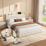 Kaheinimesevoodi 140x200cm LED- ja USB-portidega - 4 sahtliga - samet - beež