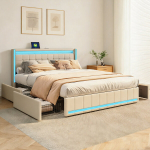 Voodi liistudega 140x190 cm, LED-tuled, USB-pordid ja sahtlid, beež