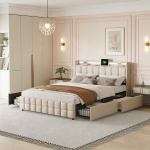 Voodi 160x200cm - LED ja USB - 4 sahtlit - Linane - Beež