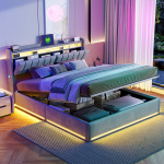 Voodi 140x190cm - LED ja USB - Hoiuruum - Samet - Hall