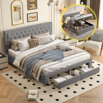 Voodi 160x200cm - H&uuml;drauliline hoiustamine + 2 sahtlit - Samet - Hall