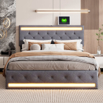 Kaheinimesevoodi 160 x 200 cm, LED-valgustuse, USB-pordi ja 4 sahtliga, hall, linane, ilma madratsita