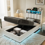 &Uuml;heinimesevoodi 90x200cm LED- ja USB-portidega - h&uuml;draulilise hoiuruumiga - samet - valge