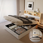 Voodi 140 x 200 cm LED- ja USB-portidega - h&uuml;draulilise hoiuruumiga - PU - valge