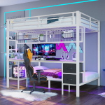 K&otilde;rge voodi 90x200 / 140x200 cm laua, sahtlite, LED-valgusti ja USB-ga, valge (ilma madratsita)