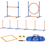PawHut koera agility komplekt, 4 koera treeningkomplekti koos reguleeritava k&otilde;rgusega agility takistustega, punutud postid, murdmaakast, h&uuml;ppering, takistuste komplekt