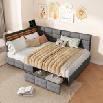 Diivanvoodi 140x200cm kahe sahtliga - LED ja USB-ga - linane - hall