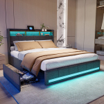 Voodi 180 x 200 cm, kaheinimesevoodi LED-valgustusega, USB-laadimisfunktsiooni ja sahtliga, peatsipea panipaigaga, hall, linane