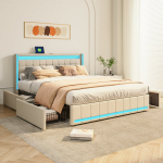 Kaheinimesevoodi 140x190 cm, 4 sahtliga, LED-valgustus ja USB-laadimine, pehme ja moodne, Linen Frabic, beež, madrats ei kuulu komplekti